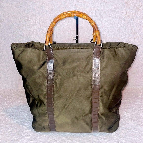 Gucci Vintage Bamboo Handle Nylon Leather Large Shopper Tote Olive Green Brown - Picture 5 of 15